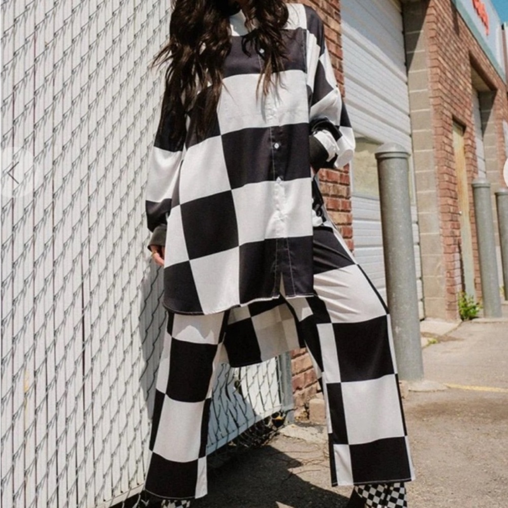 Dressed in LALA Black and White Checkered Wide Leg Jumpsuit